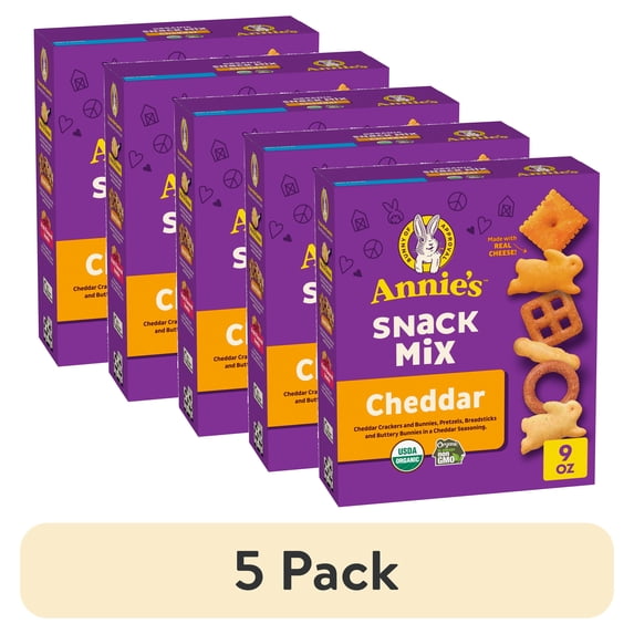 (5 pack) Annie's Cheddar Snack Mix With Assorted Crackers and Pretzels, 9 oz