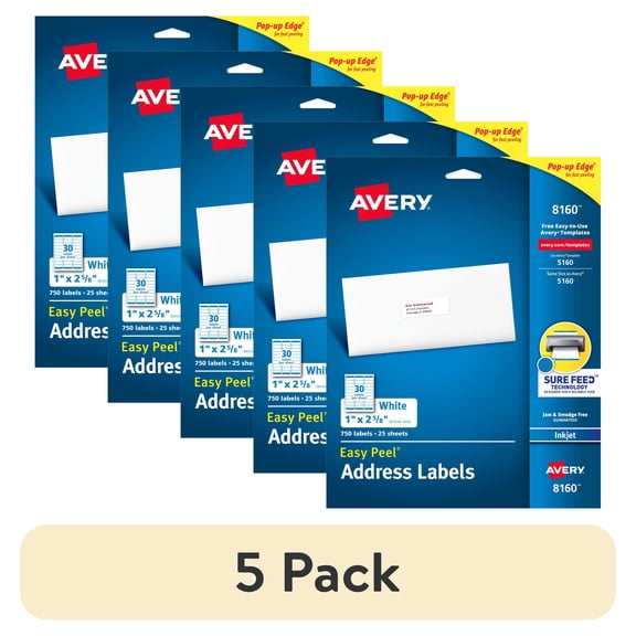 (5 pack) Avery Address Labels, 1" x 2-5/8", White, 750 Labels (8160)