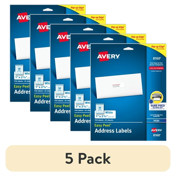 (5 pack) Avery Address Labels, 1" x 2-5/8", White, 750 Labels (8160)