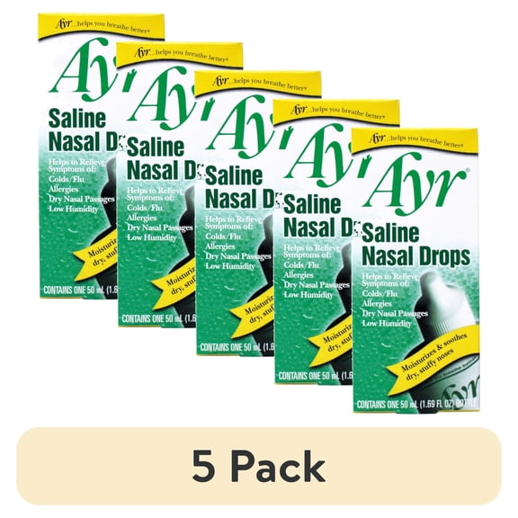 (5 pack) Ayr Saline Nasal Drops, Cold/Flu, Allergy, Dry Nasal Passages Relief, Moisturizes & Soothes Dry Stuffy Noses, 1.69 fl oz