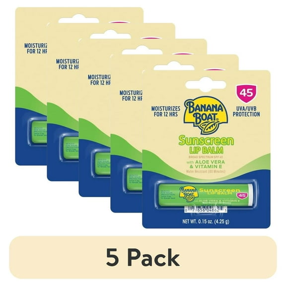 (5 pack) Banana Boat Lip Balm SPF 45, Travel Sunscreen Lip Balm, with Aloe Vera & Vitamin E, 1 Ct, 0.15 oz