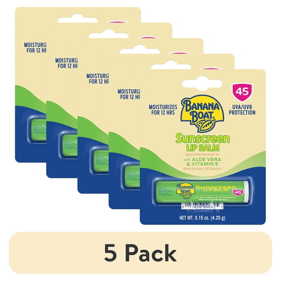 (5 pack) Banana Boat Lip Balm SPF 45, Travel Sunscreen Lip Balm, with Aloe Vera & Vitamin E, 1 Ct, 0.15 oz