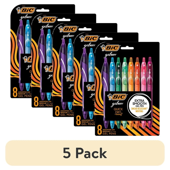 (5 pack) BIC Gel-ocity Quick Dry Fashion Retractable Gel Pens, Medium Point (0.7mm), Assorted Colors, Colored Gel Pens With Full-Length Grip, 8-Count Gel Pen Set