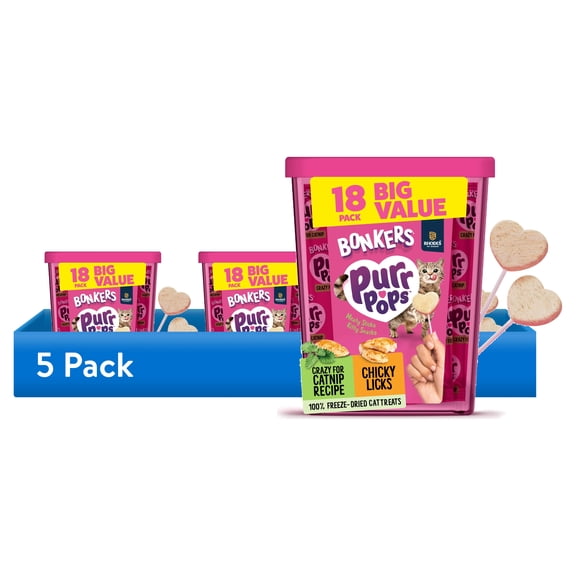 (5 pack) BONKERS Purrpops Freeze-Dried Chicken & Catnip Flavored Lollipop Treats for Cats, 18 Pack