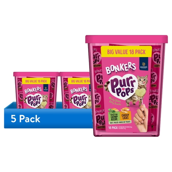 (5 pack) BONKERS Purrpops Freeze-Dried Chicken & Catnip Flavored Lollipop Treats for Cats, 18 Pack