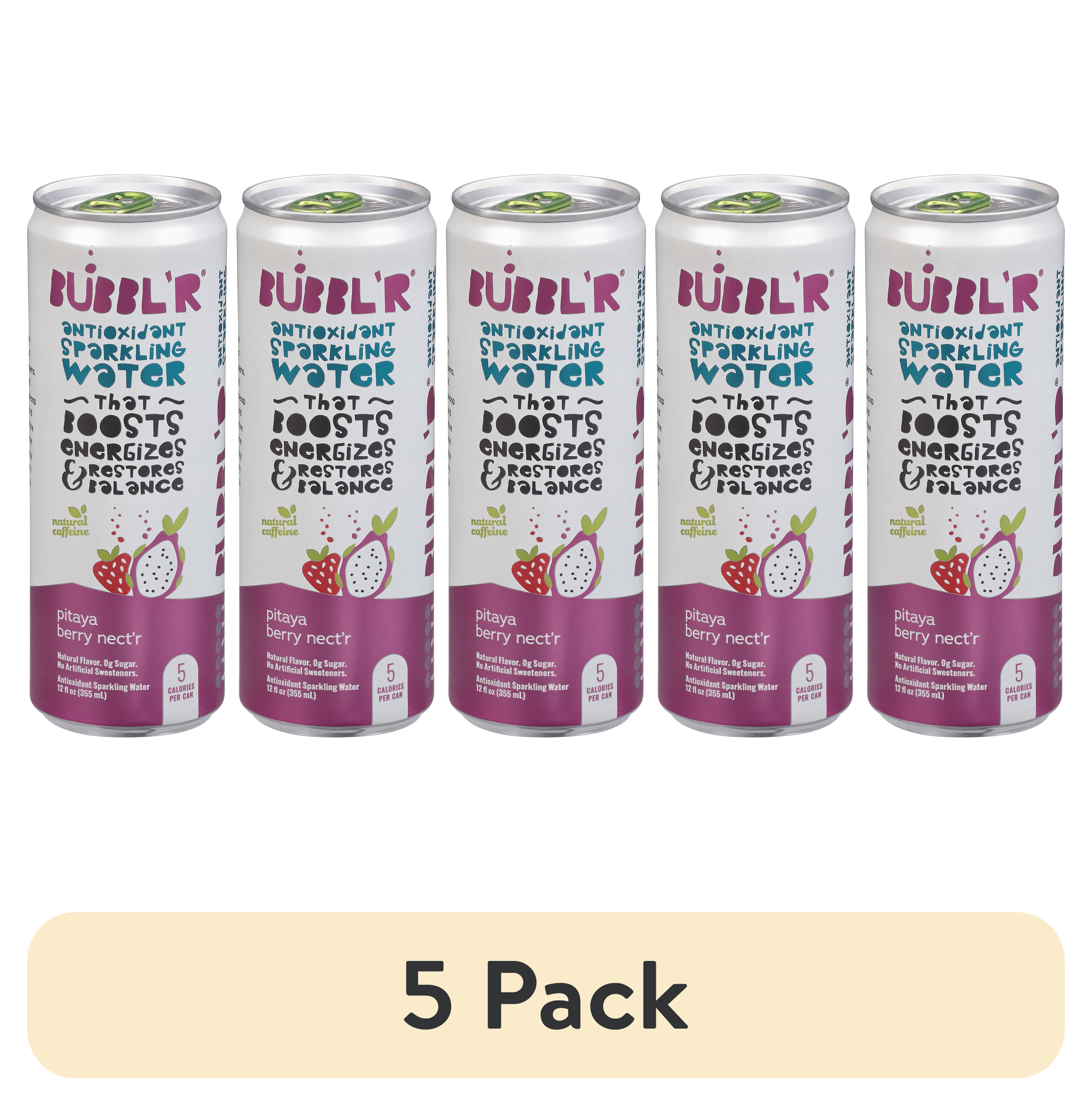 (5 pack) BUBBL'R Antioxidant Sparkling Water, pitaya berry nect'r, 12 fl oz Can