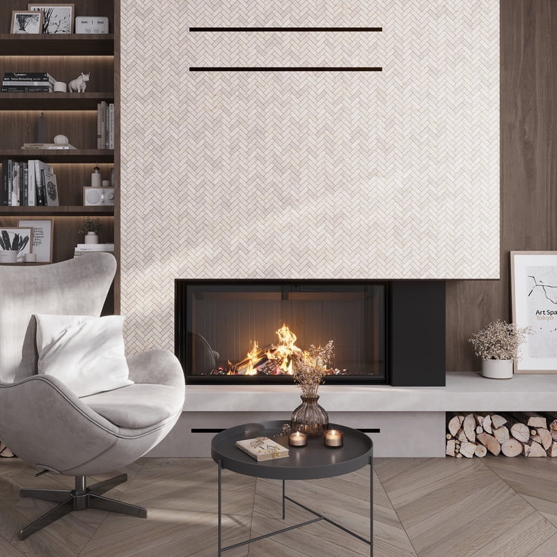 5 pack Beige 12-in x 13-in Polished Natural Stone Marble Herringbone Patterned Floor and Wall Tile (5.29 sq ft/case)