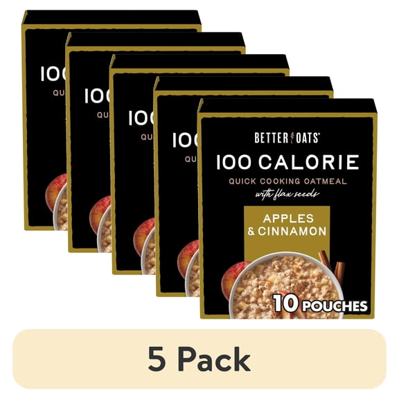 (5 pack) Better Oats 100 Calorie Apples and Cinnamon Oatmeal with Flax Seeds, 10 Instant Oatmeal Packets, 9.8 oz Pack