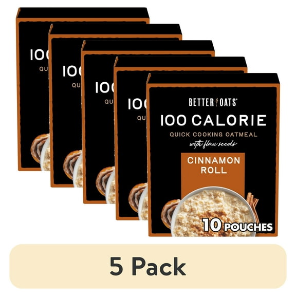 (5 pack) Better Oats 100 Calorie Cinnamon Roll Oatmeal with Flax Seeds, 10 Instant Oatmeal Packets, 9.8 oz Pack