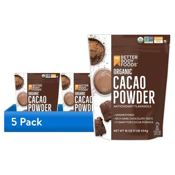 (5 pack) BetterBody Foods Organic Cacao Powder, Gluten-Free, 16 oz