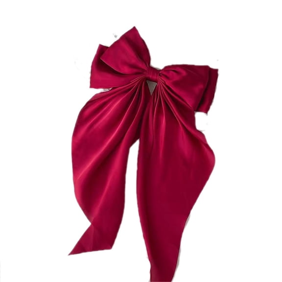 5 pack Big Silky Satin Hair Bows for Women: Wine Red Long Tail Cute Ribbon Coquette Barrettes for Girls
