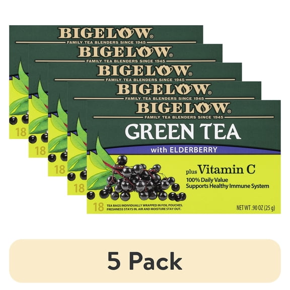 (5 pack) Bigelow Green Tea with Elderberry, Plus Vitamin C, Tea Bags, 18 Count