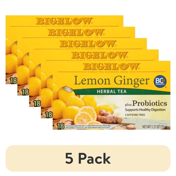 (5 pack) Bigelow Lemon Ginger Plus Probiotics, Caffeine Free, Herbal Tea Bags, 18 Count