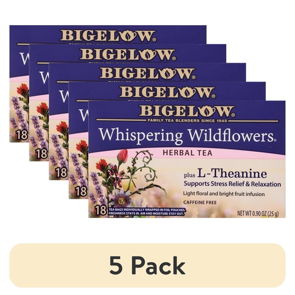 (5 pack) Bigelow Whispering Wildflowers Plus L-Theanine, Caffeine-Free Herbal Tea Bags, 18 Count