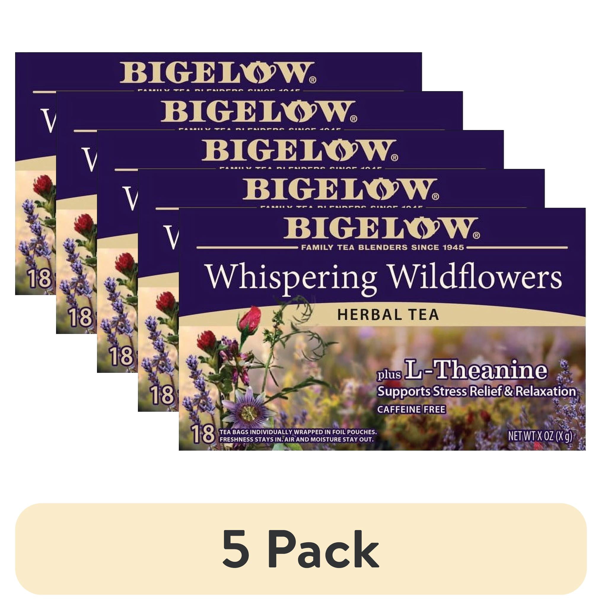 (5 pack) Bigelow Whispering Wildflowers Plus L-Theanine, Caffeine-Free Herbal Tea Bags, 18 Count