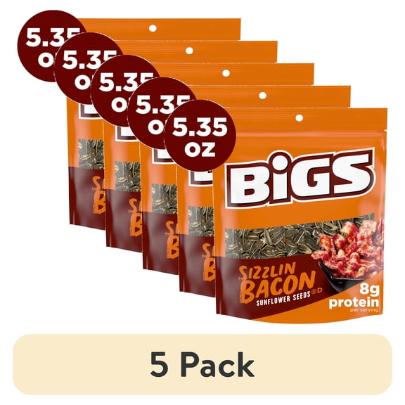 (5 pack) BIGS Sunflower Seeds, Sizzlin' Bacon Flavor, Easter Basket Stuffer for Sports Fans, 5.35 oz.