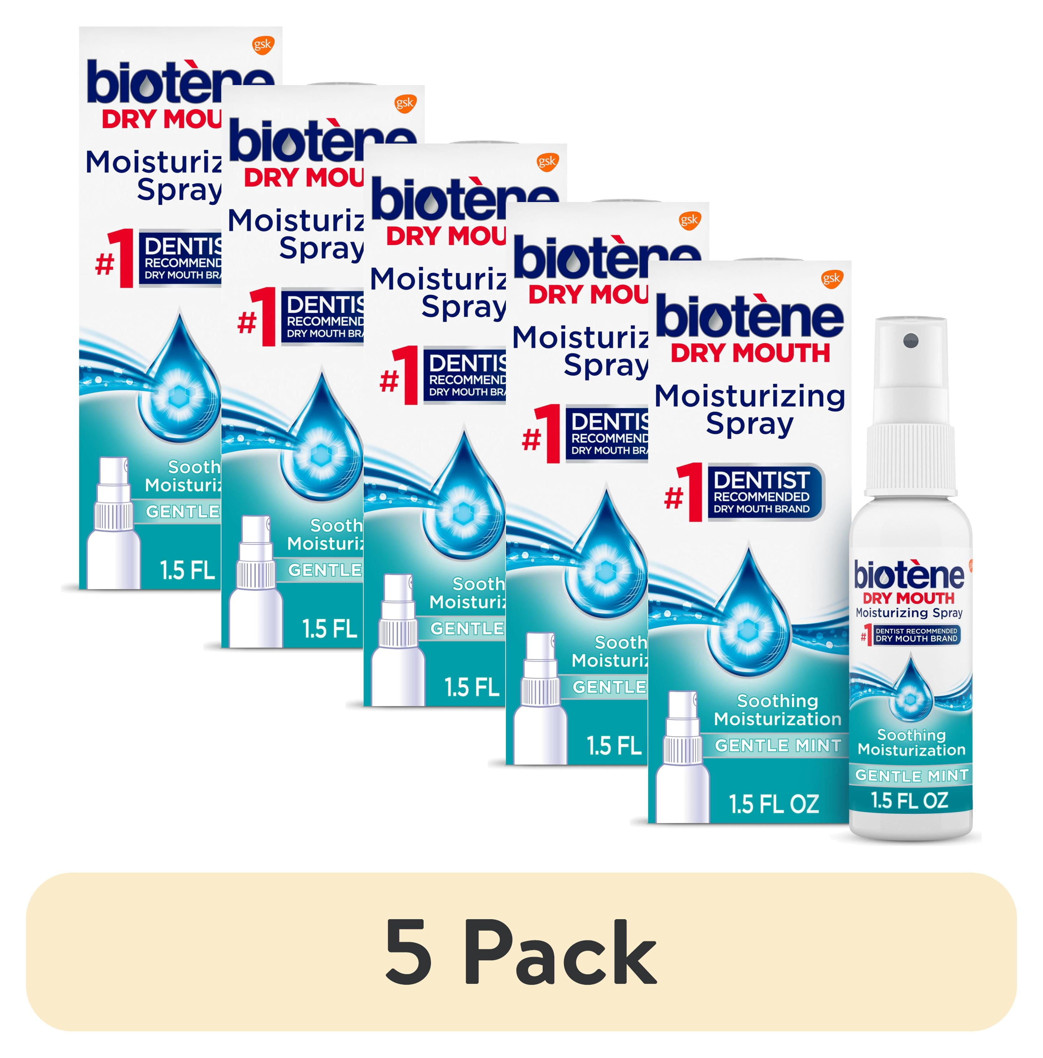 (5 pack) Biotene Dry Mouth and Fresh Breath Moisturizing Spray, Gentle Mint, 1.5 Oz, for Children and Adults