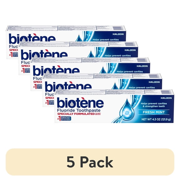 (5 pack) Biotene Original Sugar Free Fluoride Toothpaste for Dry Mouth, Fresh Mint, 4.3 Oz