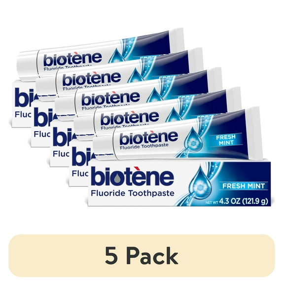 (5 pack) Biotene Original Sugar Free Fluoride Toothpaste for Dry Mouth, Fresh Mint, 4.3 Oz
