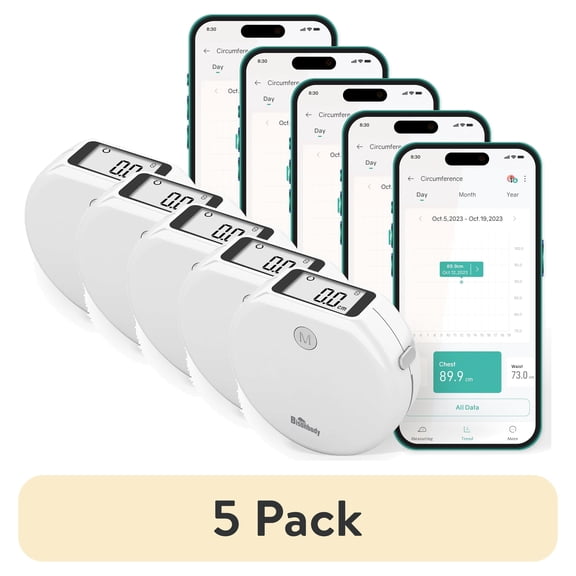 (5 pack) Bisonbody Smart Body Measuring Tape Smart Tape Measure Body with App 2 Measuring Modes & Units Large LCD Display User Friendly Design Smart Tape Measure for Your Body Health & Fitness