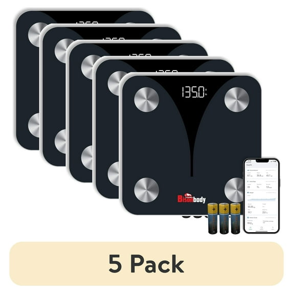(5 pack) Bisonbody Smart Digital Bathroom Scale for Body Weight and Fat Percentage, 20 Body Composition Data Detection, Durable Tempered Glass, 4 High Sensitivity Electrodes Sensors, Smartphone App Connection