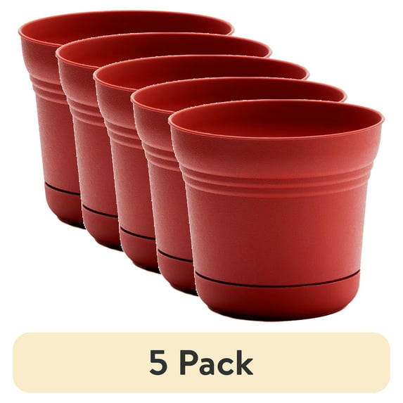 (5 pack) Bloem Saturn 10" Burnt Red Round Resin Planter Pot with Snap-in Saucer for Indoor and Outdoor Gardening