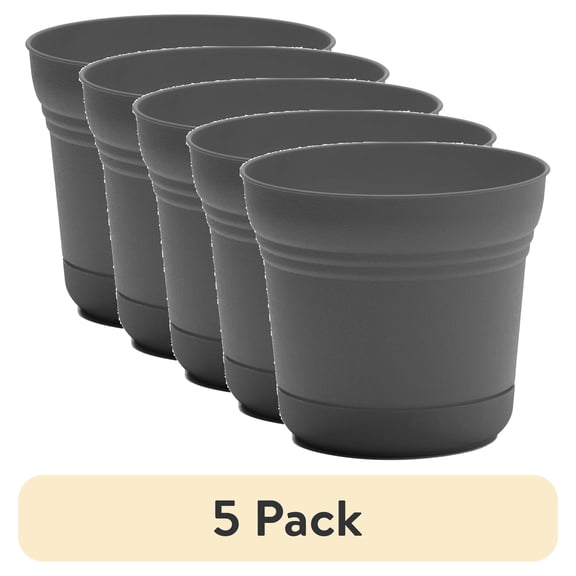 (5 pack) Bloem Saturn 10" Round Resin Planter with Snap-in Saucer for Indoor and Outdoor Gardening, Charcoal