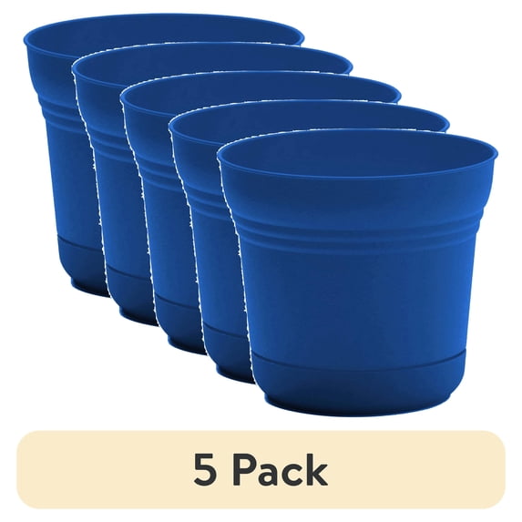 (5 pack) Bloem Saturn 10" Round Resin Planter with Snap-in Saucer for Indoor and Outdoor Gardening, Classic Blue