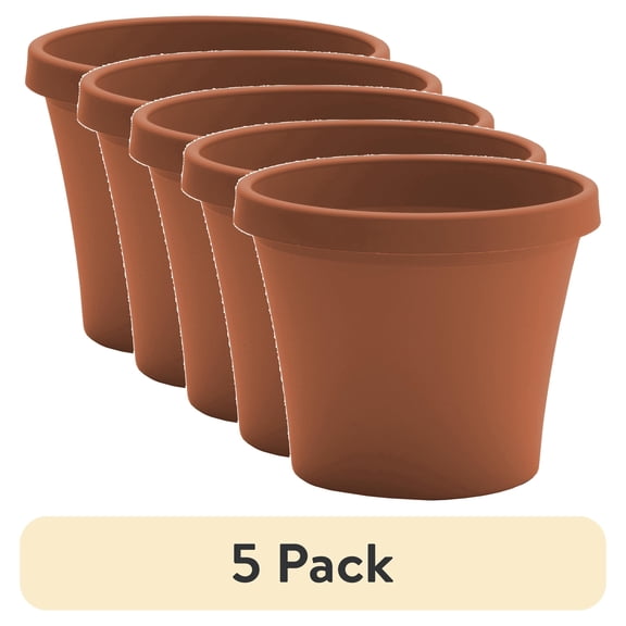 (5 pack) Bloem Terra 8" Round Plastic Planter with Drainage Holes - Indoor/Outdoor, 1 Gallon Capacity, Lightweight Garden Pot, Terra Cotta