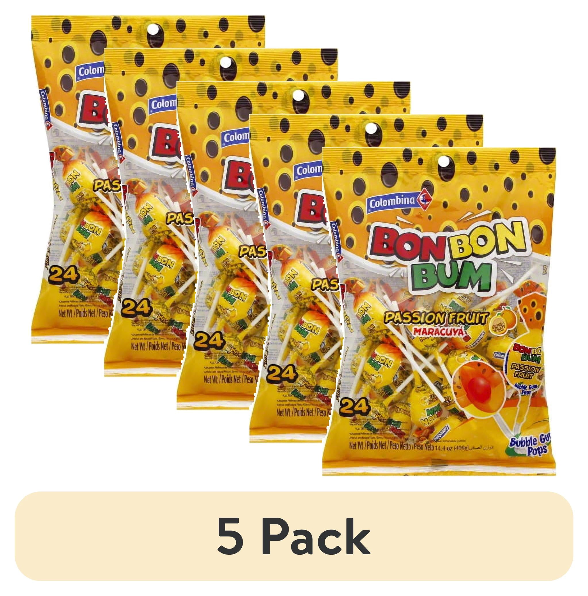 (5 pack) Bon Bon Bum – Fruity Lollipop with Bubble Gum center – Perfect for Parties and Sharing