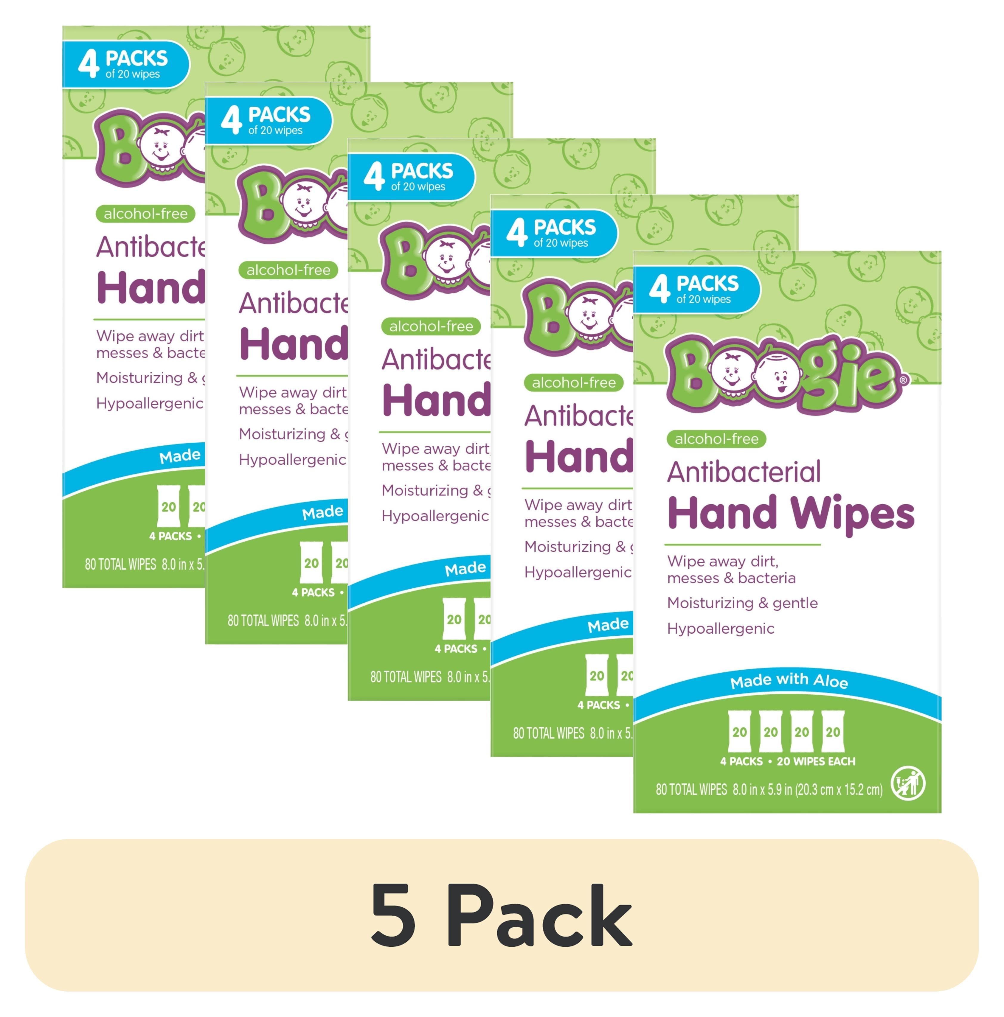 (5 pack) Boogie Antibacterial Hand Wipes, Hypoallergenic & Alcohol-Free, 80 Count