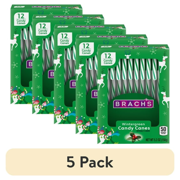 (5 pack) Brach's Wintergreen Christmas Candy Canes, Stocking Stuffers for Kids, Minty Twist on a Holiday Classic, Holiday Christmas Candy, 5.3 oz, 12ct Box