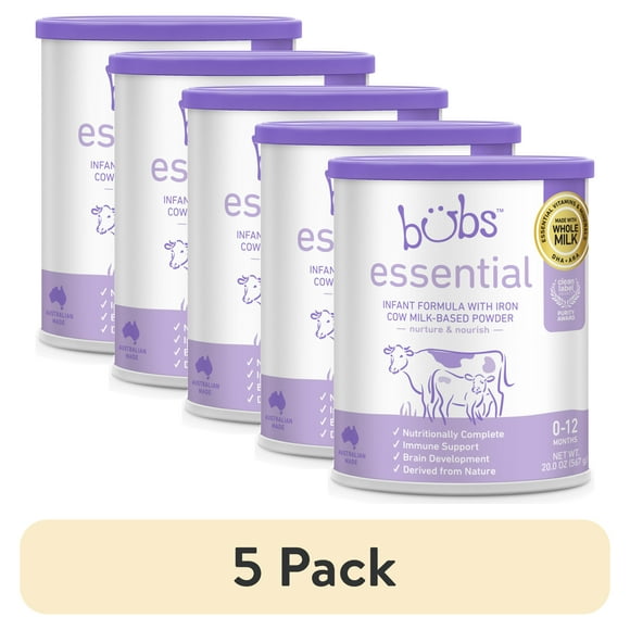 (5 pack) Bubs Essential Baby Formula with Iron, Cow Milk-Based, for Infants 0 to 12 Months, 20 oz Canister