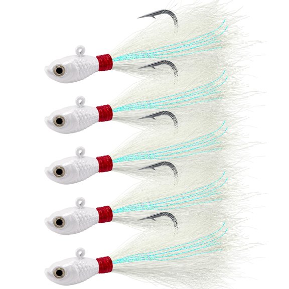 5-pack Bucktail Jigs Hair Saltwater Freshwater Fishing Lures Surf Jig Heads White Luminochartreuse Swimbait For Bflounder Striper Bluefish Halibut Redfish