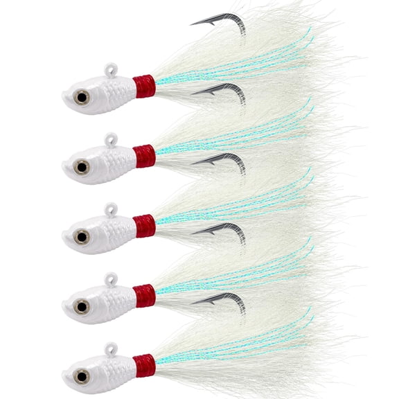 5-pack Bucktail Jigs Hair Saltwater Freshwater Fishing Lures Surf Jig Heads White Luminochartreuse Swimbait For Bflounder Striper Bluefish Halibut Redfish