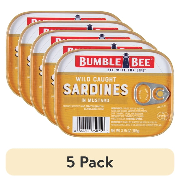 (5 pack) Bumble Bee Wild Caught Sardines in Mustard Sauce, Gluten Free, 18g Protein Per Serving, Kosher, Shelf Stable Tin Can, 3.75 oz