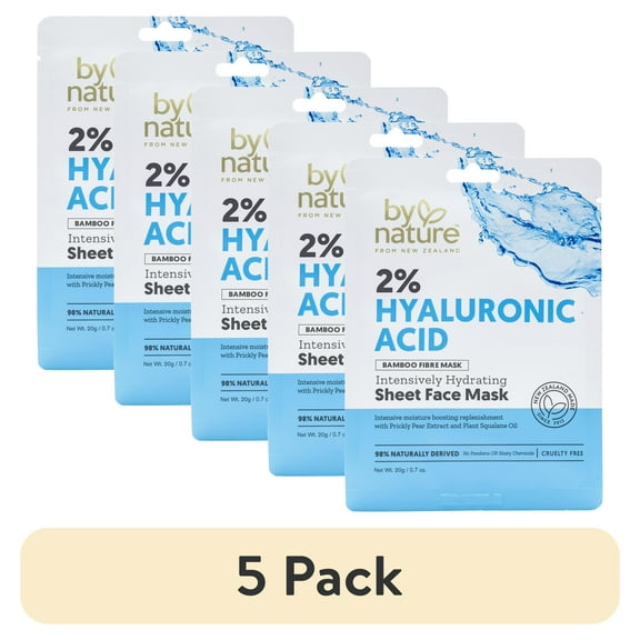 (5 pack) By Nature Skincare from New Zealand 2% Hyaluronic Acid Sheet Face Mask to Intensively Hydrate Skin