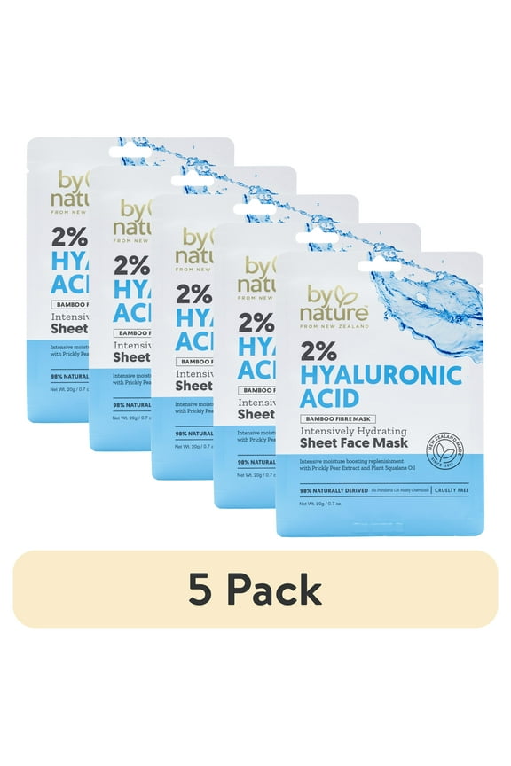 (5 pack) By Nature Skincare from New Zealand 2% Hyaluronic Acid Sheet Face Mask to Intensively Hydrate Skin