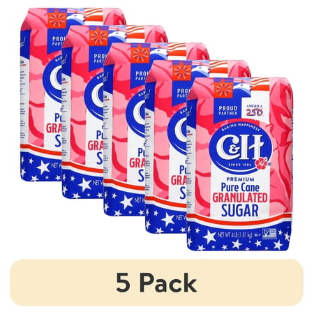 (5 pack) C&H Pure Cane Sugar, 4 lb Bag, Summer Baking, July 4th Desserts, Limited Edition