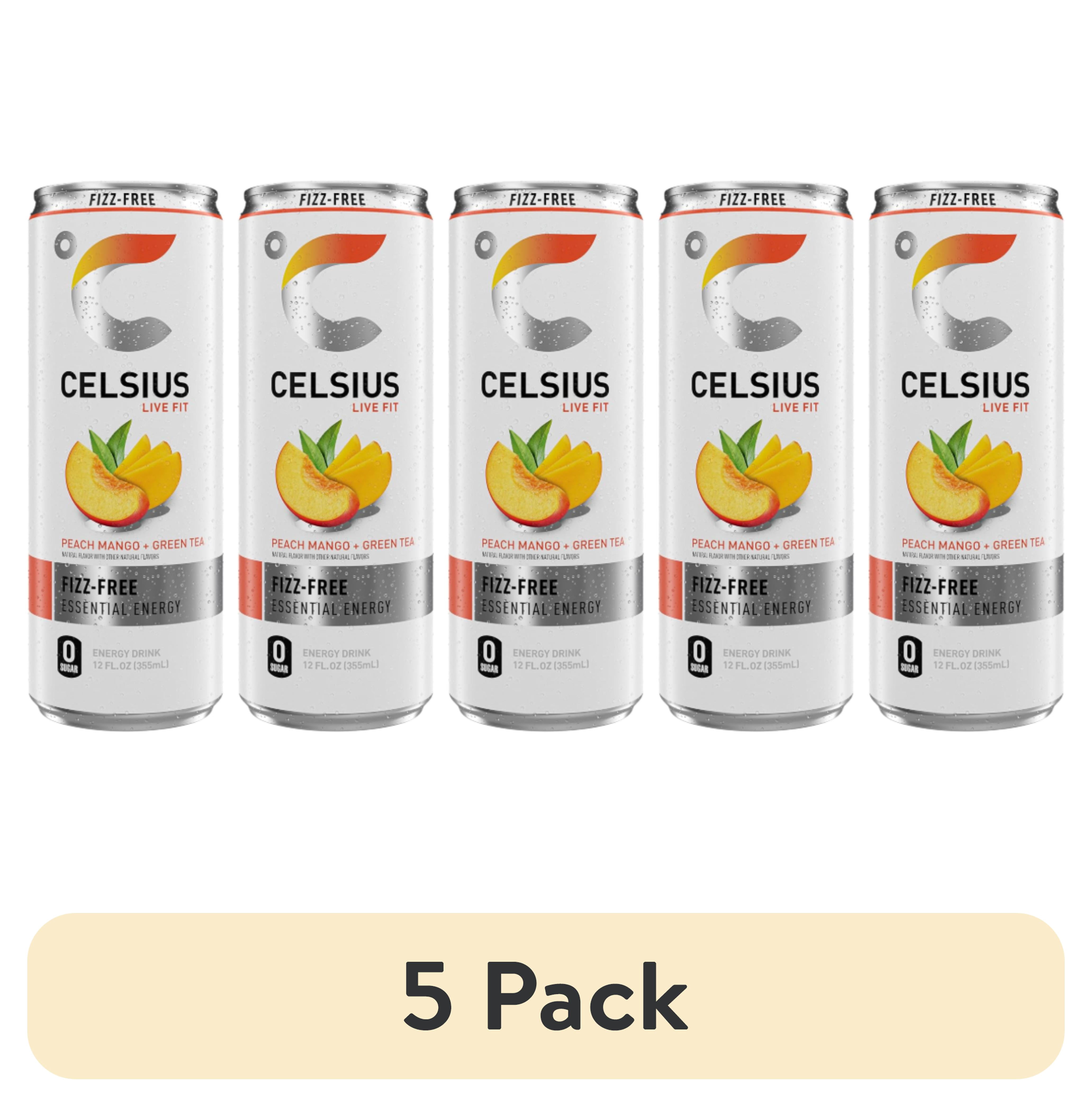 (5 pack) Celsius Essential Energy Drink 12 fl oz, Peach Mango Green Tea