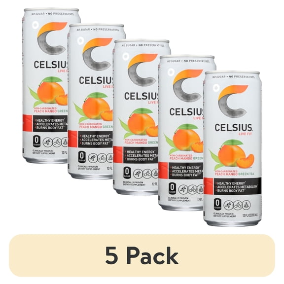(5 pack) Celsius Peach Mango Green Tea Essential Energy Drink 12 fl oz