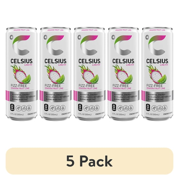 (5 pack) CELSIUS Fizz Free Dragon Fruit Lime, Functional Energy Drink 12 fl oz Single Can