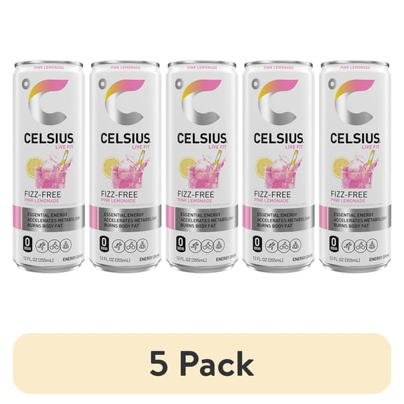 (5 pack) CELSIUS Fizz Free Pink Lemonade, Functional Energy Drink 12 fl oz Single Can