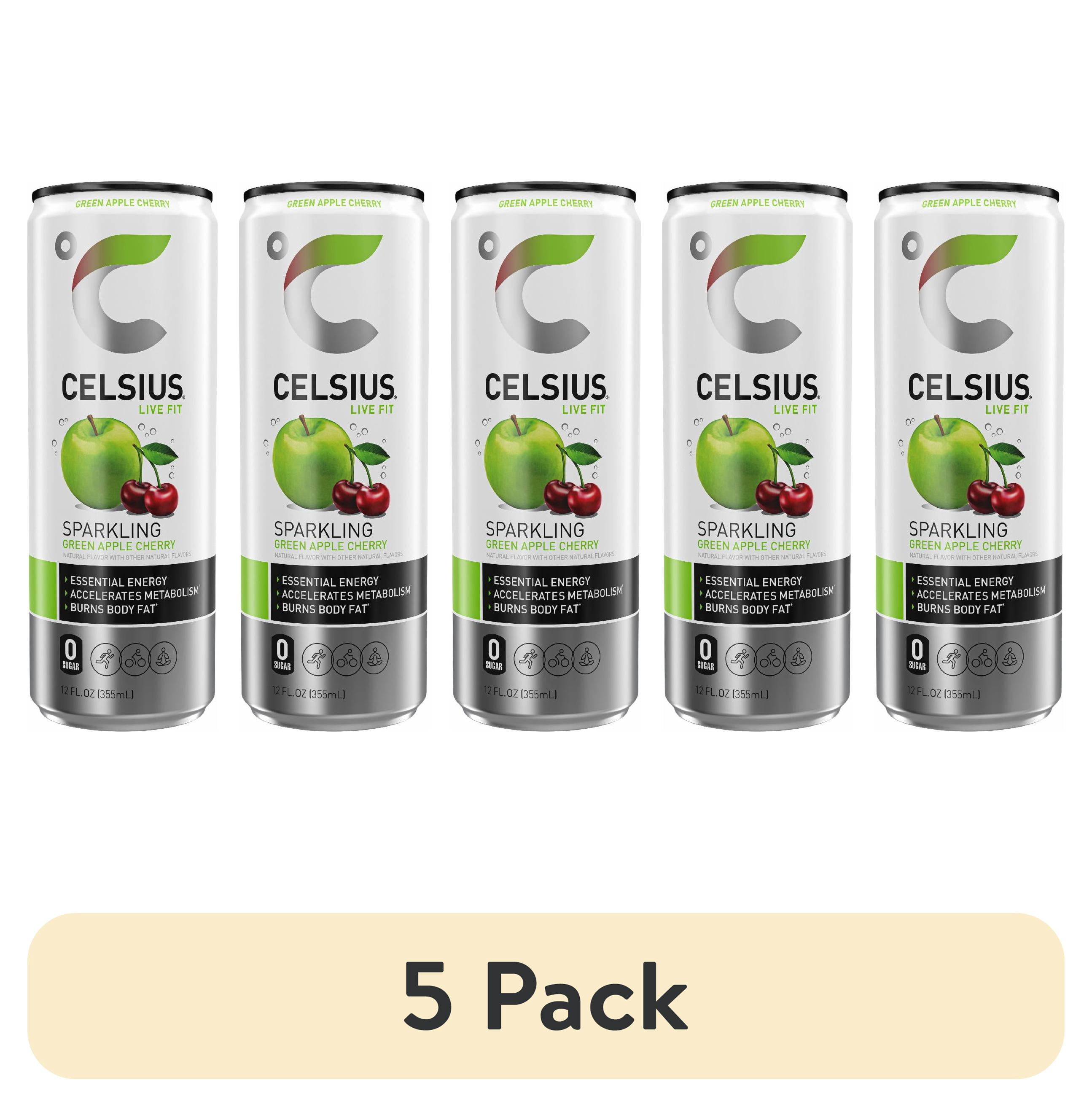 (5 pack) CELSIUS Sparkling Green Apple Cherry, Functional Energy Drink 12 fl oz Single Can