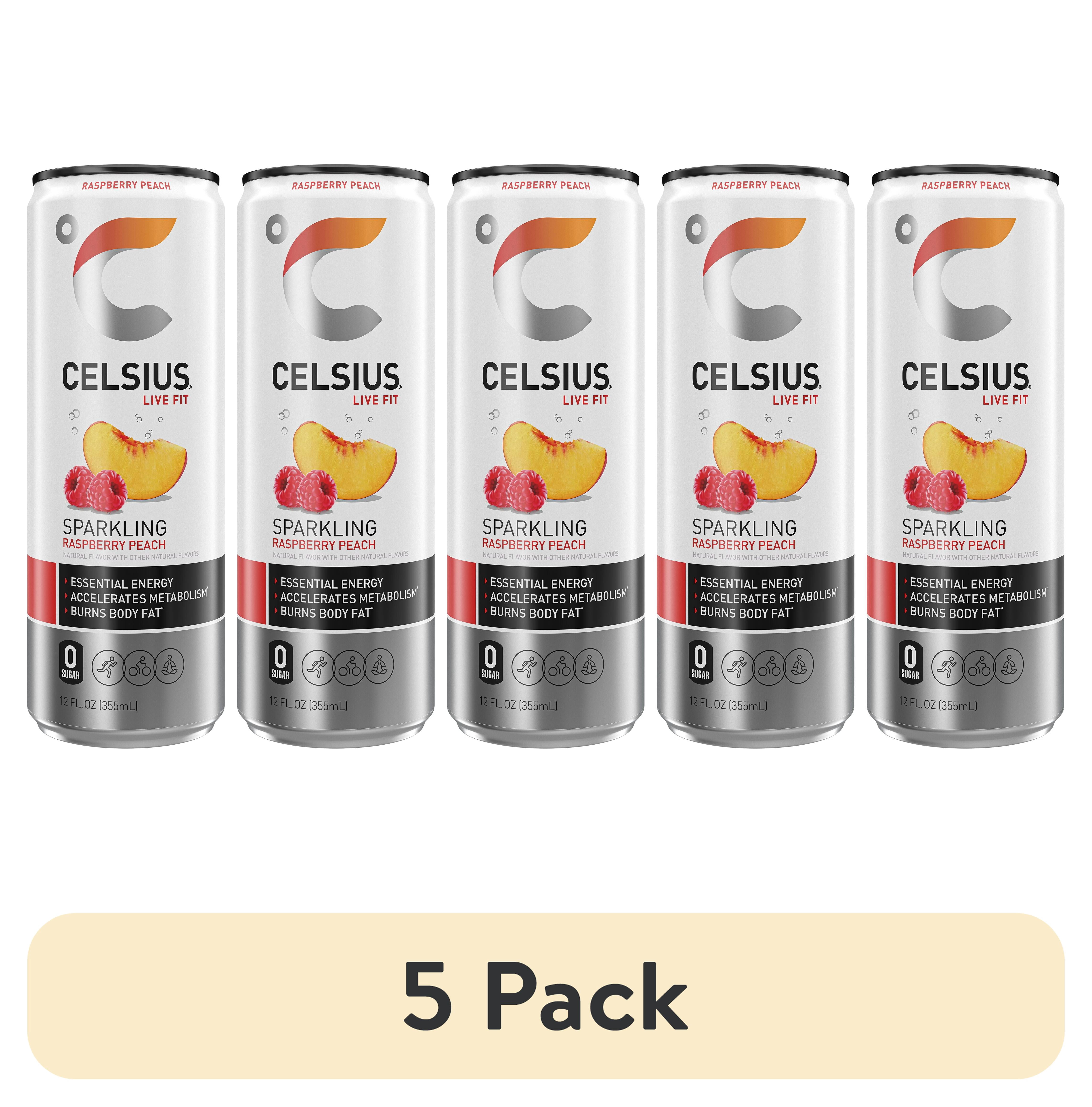 (5 pack) CELSIUS Sparkling Raspberry Peach, Functional Energy Drink 12 fl oz Single Can