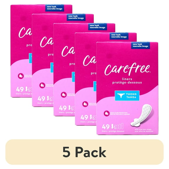 (5 pack) Carefree Thong Pantyliners with Wings, Regular, Unscented, 49 Count