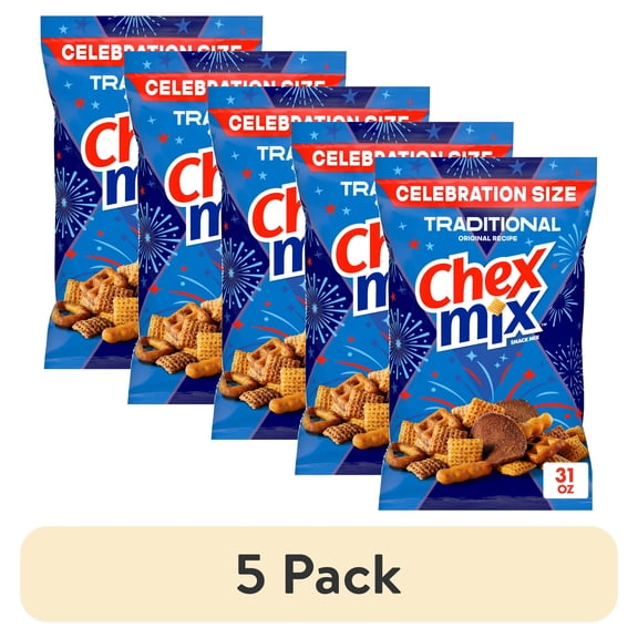 (5 pack) Chex Mix Traditional Original Recipe Snack Mix, Savory Snack Bag, Tailgate Size, 31 oz