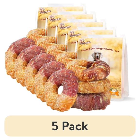 (5 pack) Pawmate Chicken & Duck Wrapped Rawhide Donut, Long Lasting Chews for Medium Large Dogs, 4 Count