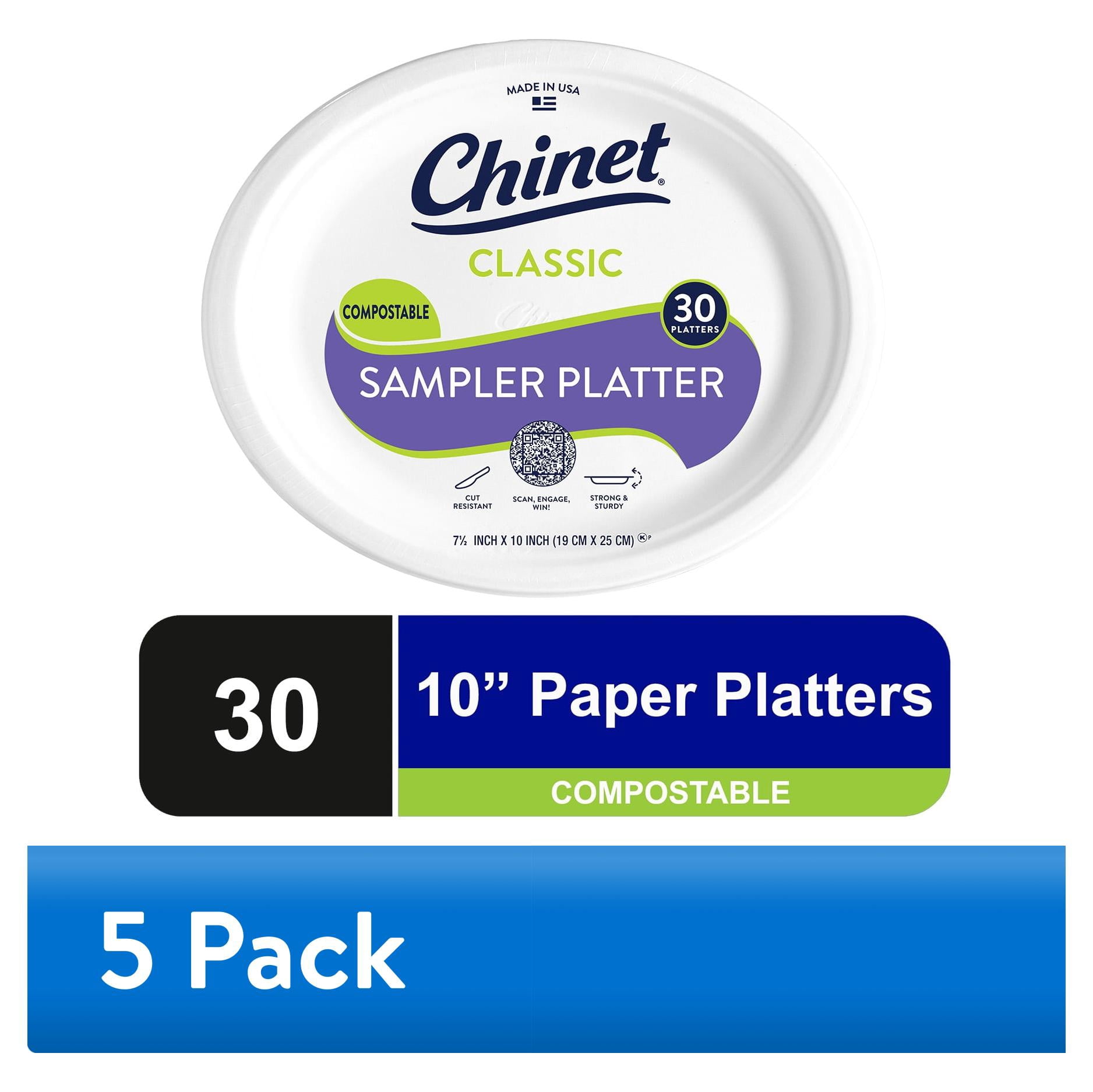 (5 pack) Chinet Classic® Premium Disposable Paper Sampler Platters 10in x 71/2", White, 30 Count
