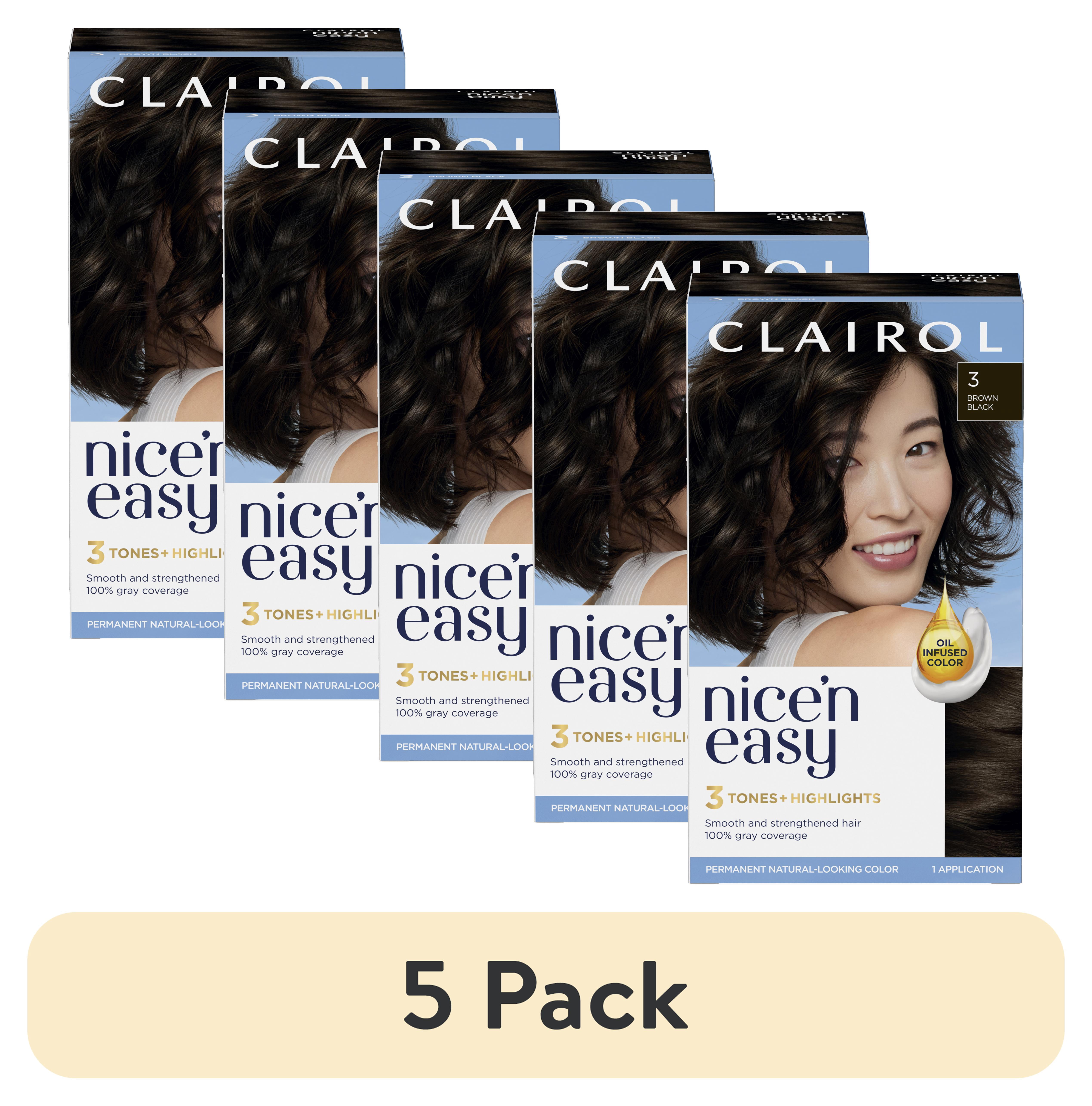 (5 pack) Clairol Nice'n Easy Permanent Hair Color Cream, 3 Brown Black, Hair Dye, 1 Application